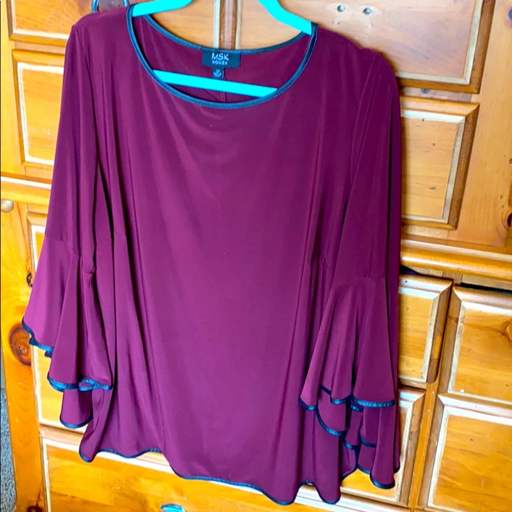 Plum with black trim, flared arm blouse